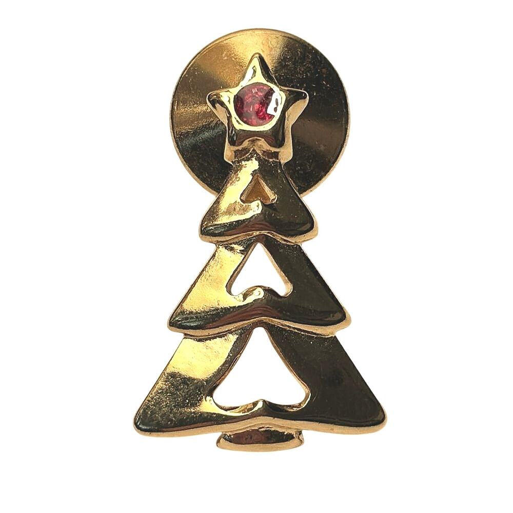 Vintage Gold Tone Christmas Tree Tack Pin Red Crystal Star Holiday Brooch